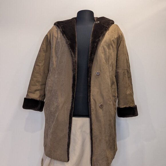 Reversible Brown Fur & Suede Teddy Jacket with Hood - Women M - Picture 5 of 13